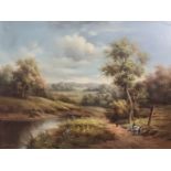 A 19th/20th Century School - Oil painting - Hilly landscape with figures and horse on path by lake