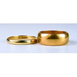 Two Wedding Bands, Modern, one 22ct, size K+, gross weight 7g, and one 9ct, size P, gross weight 2g