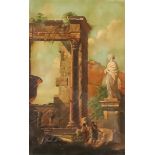 18th Century Italian School - Oil painting - A capriccio, with figures in front of ruined temple and