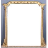 A 19th Century Gilt Framed Overmantel Mirror, the shaped cresting with ball ornament, with spiral