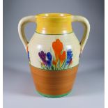 Crocus, a Clarice Cliff Bizarre Twin-Handled Lotus Jug, painted in colours between yellow and