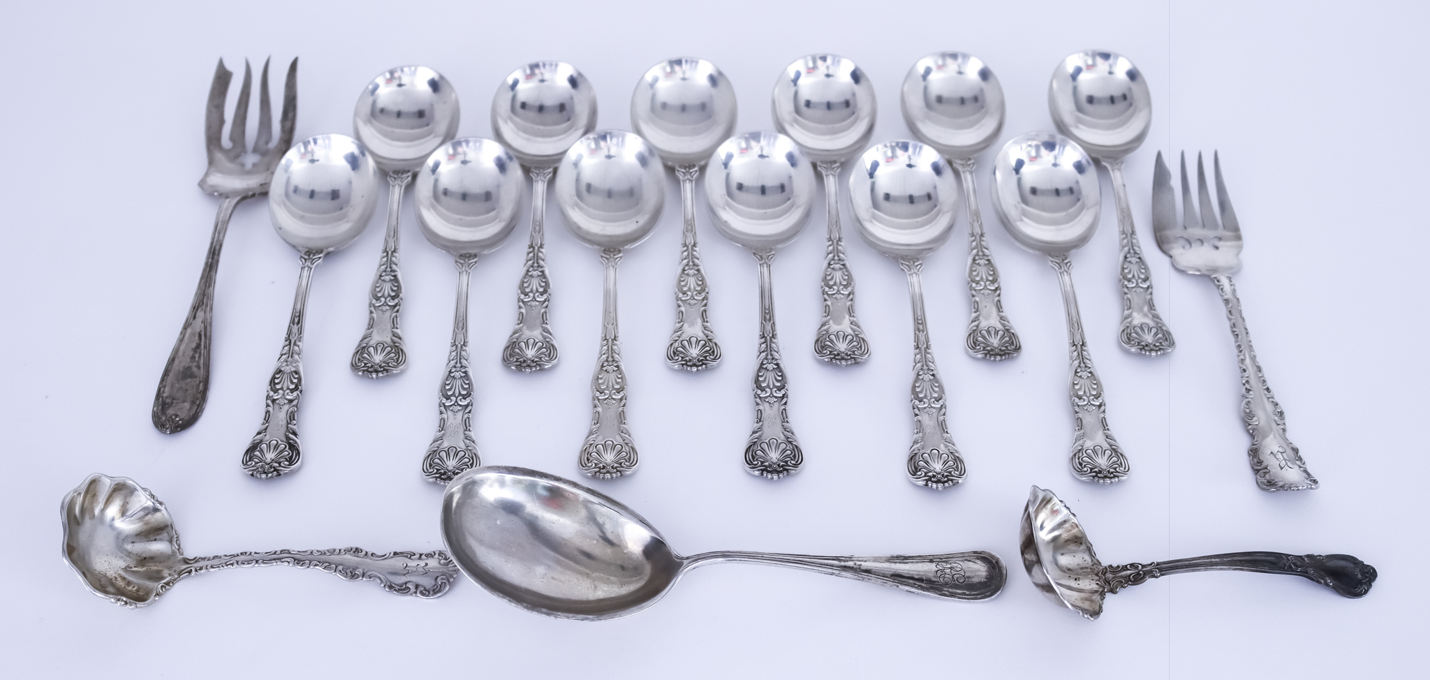 Twelve Sterling Silver Queens Pattern Soup Spoons and Mixed Metalware, the soup spoons stamped