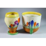 Crocus, a Clarice Cliff Bizarre Dover Jardiniere and Vase, the jardiniere 6ins high, the vase