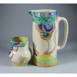 Viscaria, a Clarice Cliff Bizarre Lynton Jug and Vase, each painted in colours, the jug 11ins