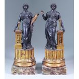 A Pair of Carved Wood, Gesso and Gilt Decorated Figures of Classical Women Standing Beside Square