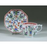An Early Worcester Polychrome Coffee Cup and Saucer of Octagonal Form, Circa 1753, finely