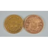 Two Swiss 20 France Gold Coins, 1893, fair, 1947, fair/fine, total gross weight 12.8g
