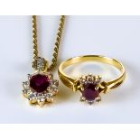 A Ruby and Diamond Suite, Modern, comprising - 18ct gold ring set with a centre ruby