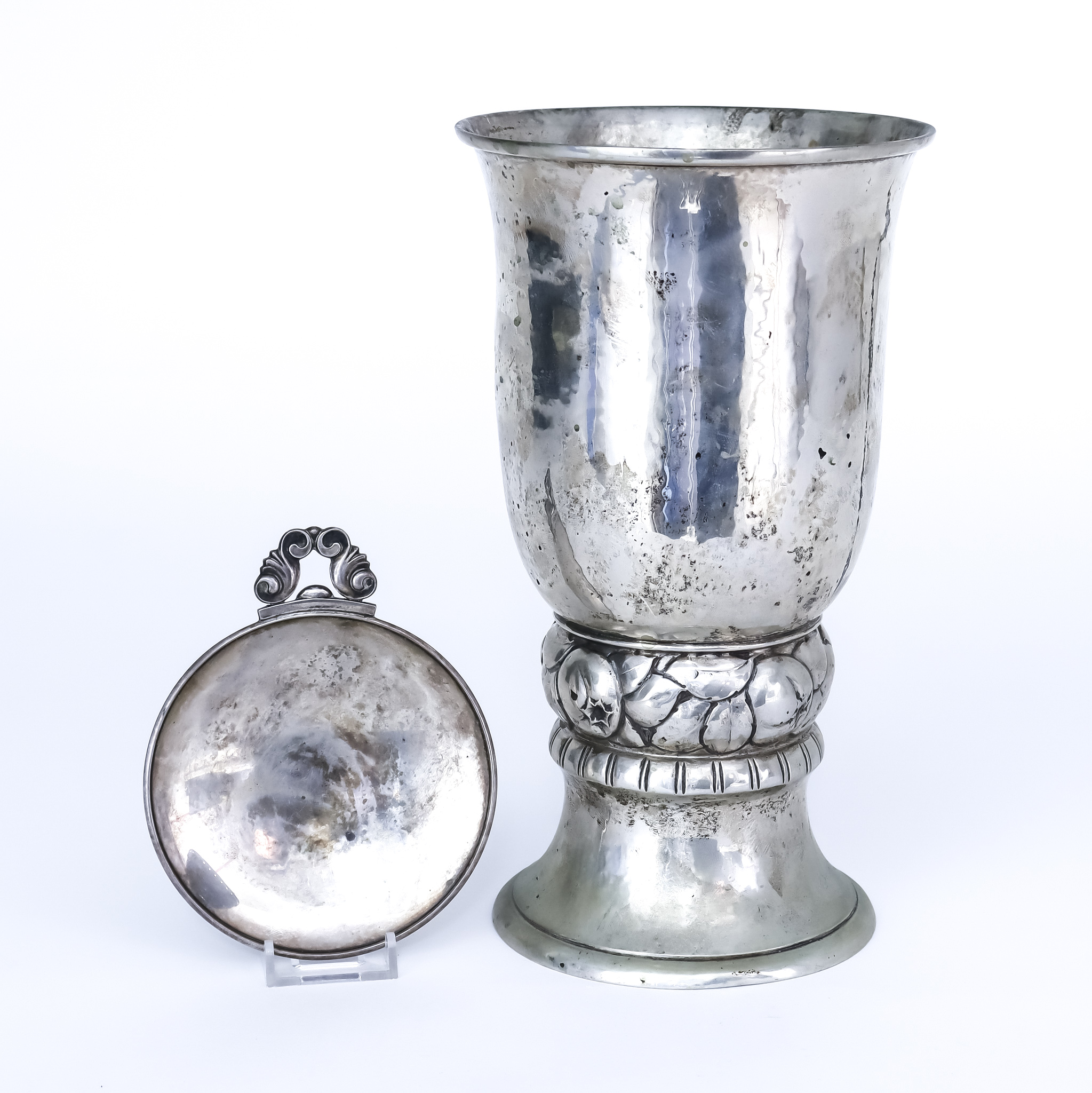 A Danish Silvery Metal Vase and a Danish Silver One-handled Circular Dish, the vase by Christian