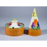 Crocus, a Clarice Cliff Bizarre Conical Sugar Sifter and a Circular Preserve Jar and Cover, the