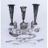 A Pair of Victorian Silver Spill Vases and Mixed Silverware, the spill vases by William Comyns and