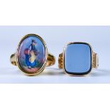 Two Dress Rings, yellow metal, one set with oval painted panel depicting young lady, size Q, gross