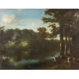 18th Century Continental School - Oil painting - River landscape with Venus and two attendants