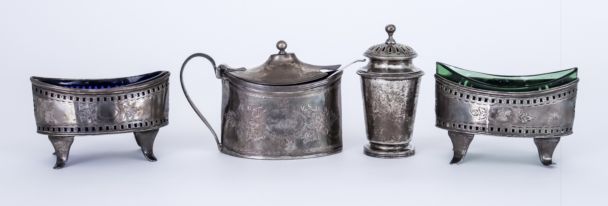 A Pair of George III Oval Salts, an Oval Mustard Pot and a Cylindrical Pepper Pot, the salts by