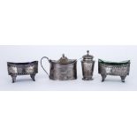 A Pair of George III Oval Salts, an Oval Mustard Pot and a Cylindrical Pepper Pot, the salts by