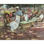 20th Century School - Oil painting - Group of figures taking shade beneath trees on a sunny day,