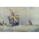 Frederick James Aldridge (1850-1933) - Watercolour - Sailing in windy seas, signed, 13ins x 22ins,