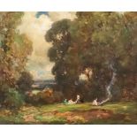 ***Owen Bowen (1873-1967) - Oil painting - Country clearing with figures resting by a fire,