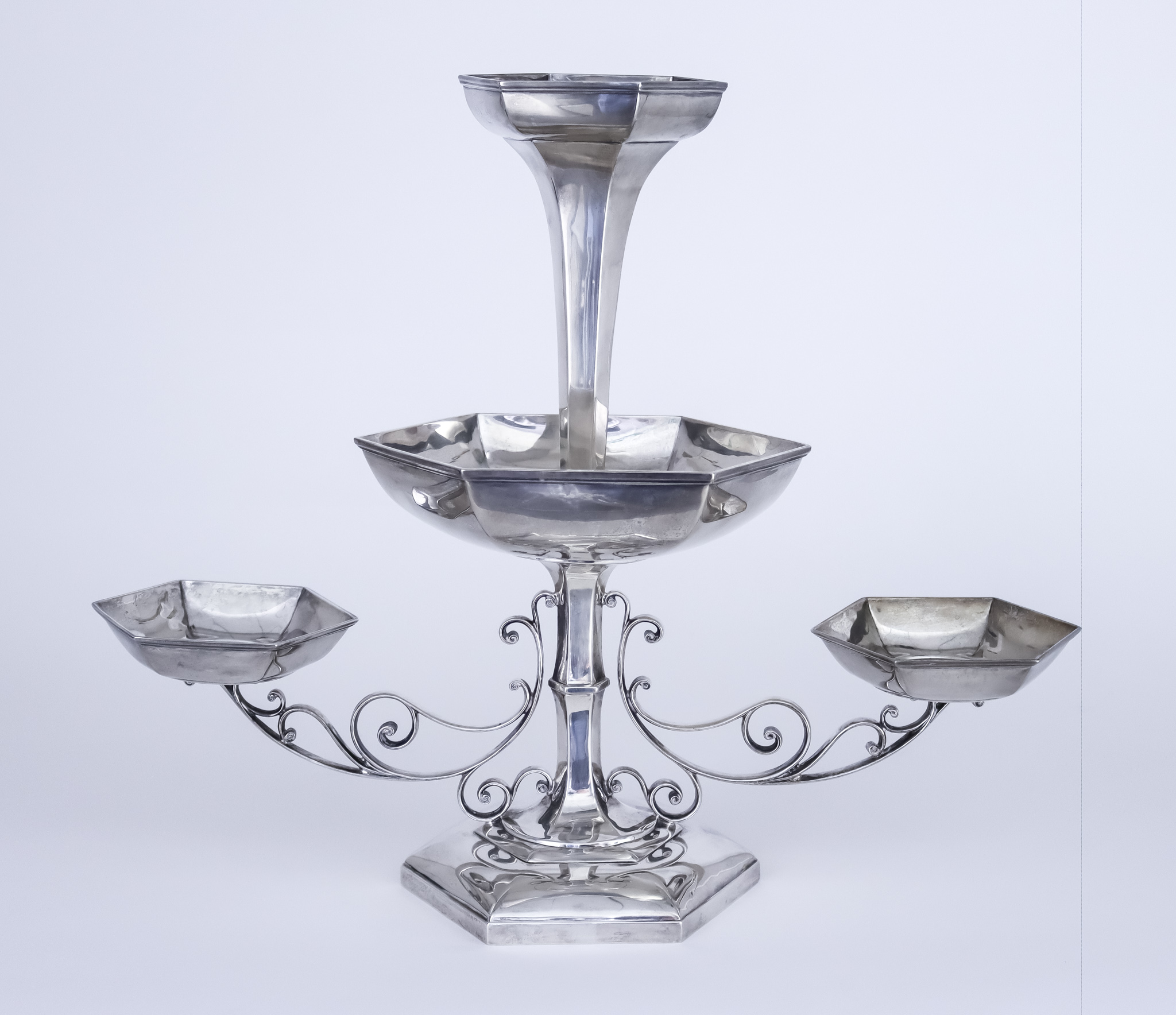 A George V Silver Hexagonal Epergne, by Walker and Hall, Sheffield 1913 with central trumpet and