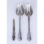 A Pair of Late George III Silver Fiddle Pattern Table Spoons and a Sterling Silver Paper Knife,
