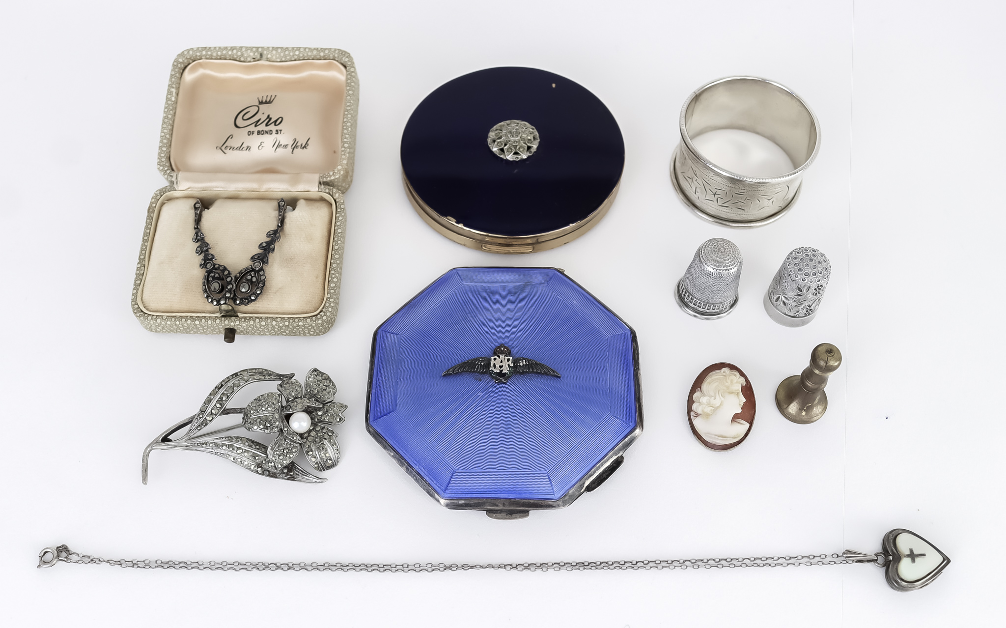 A George VI Silver and Blue Enamel RAF Octagonal Compact, and Mixed Items, the compact by John