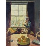 20th Century British School - Oil painting - Interior with woman seated by window, canvas 19ins x