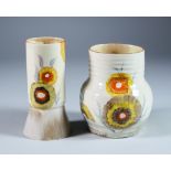 Rodanthe, Two Clarice Cliff Bizarre Vases, painted in colours, vase shape no.565 4.75ins high, and