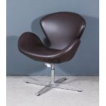 After Arne Jacobsen (1902-1971) - A Brown Leather and Chrome "Swan" Swivel Chair, on X-pattern