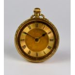 A Swiss 18ct Gold Cased Open Faced Keyless Pocket Watch, 34mm diameter case, decorated with scroll