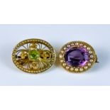 Two Late 19th/Early 20th Century Gem Set Brooches, comprising - one 15ct gold set with peridot and