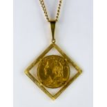 A Mounted Swiss 20 France Gold Coin, 1905, mounted in 18ct gold square mount, suspended from 9ct