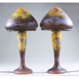 A Pair of Cameo Glass Electric Table Lamps and Shades in the Galle Manner, each 21ins overall SEE