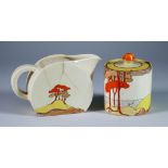 Coral Firs, a Clarice Cliff Bizarre Cylindrical Preserve Pot and Cover and a Royal Staffordshire