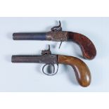 Two Continental Percussion Pocket Pistols, one with folding trigger and 3ins turn off barrel, 7ins