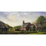 ***Mike Kerris (1934) - Oil painting - Country landscape with thatched cottage, signed, canvas 20ins