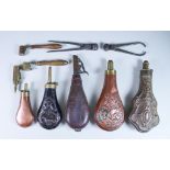 A Selection of Muzzle Loading Accessories, comprising - two large copper and brass powder flasks,