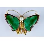 A 20th Century Butterfly Brooch, yellow metal and jade, the head being set with a cultured pearl,