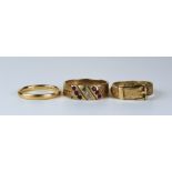 Three Gold Rings, 20th Century, comprising - an 18ct band set with three small diamonds and six