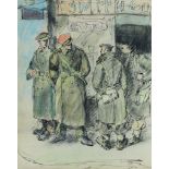 ***Abram Games (1914-1996) - Pen and wash drawing - Group of four soldiers outside "Smiths", signed,