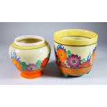 Gayday, a Clarice Cliff Bizarre Dover Jardiniere and Vase, the jardiniere painted in colours between