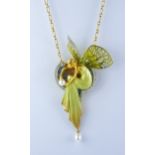 A Masriera 18ct Gold Enamel Plique a Jour Diamond and Pearl Set Brooch or Pendant at Will, Modern,