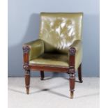 A William IV Mahogany Library Framed Armchair, with square back upholstered in green leather, the