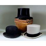 Three Gentleman's Top Hats, two in boxes, two gentleman's pop-up top hats, two bowler hats, a