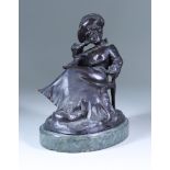 Early 20th Century School - Bronze figure of a seated woman wearing a feathered hat, on oval