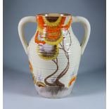 Rhodanthe, a Clarice Cliff Bizarre Twin-Handled Lotus Jug, painted in colours, 12ins high, printed
