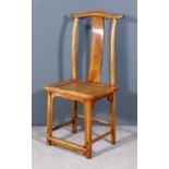 A Chinese Elm Yoke Back Side Chair, with shaped crest rail and splat, woven panel seat on turned