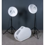 Two Bowens Streamlight Photographic Flood Lights on Tripods, a portable acrylic light box, and one