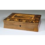A Rosewood and Tunbridge Ware Workbox, Victorian, the lid inlaid with a Gothic mansion and with