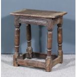 An Old Oak Joint Stool, with moulded rails on turned legs and block feet, 18.25ins x 11ins x 20ins