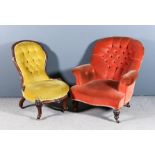 A Victorian Walnut Framed Spoon Back Nursing Chair and an Easy Chair, the nursing chair with frame